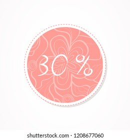 30 percent discounts inscription on decorative round backgrounds with floral pattern. Hand drawn lettering. Vector illustration. 