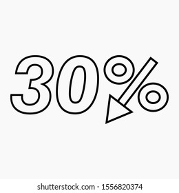 30 percent drop dark icon on a white background.  Price drop. Interest rate reduction. Sell-out. Stock symbol. Discount. Markdown of goods. Bonus discount. Vector icon.