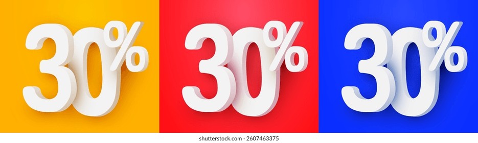 30 percent Off. 3d number 30. Sale banner. Vector illustration.