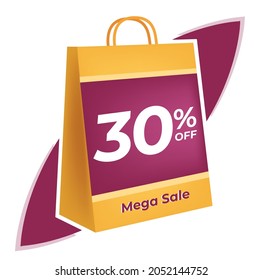 30 percent off. 3D Yellow shopping bag concept in white background.