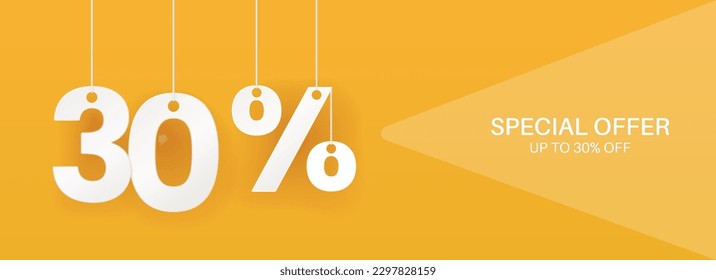 30 por ciento fuera de la bandera. Colgando grandes números. Oferta de descuento. Pancarta amarilla. Ilustración vectorial.
