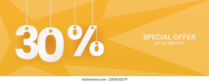 30 percent off banner. Hanging big numbers. Discount offer. Wide yellow banner. Vector illustration.