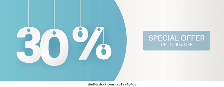 30 percent off banner. Hanging big numbers. Discount offer. Wide turquoise banner. Vector illustration.