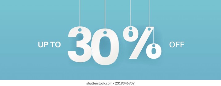 30 percent off banner. Hanging big numbers. Discount offer. Wide turquoise banner. Vector illustration.