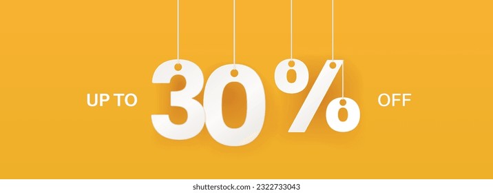 30 percent off banner. Hanging big numbers. Discount offer. Wide yellow banner. Vector illustration.