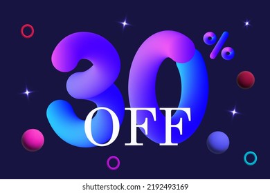 30 Percent Off. Big Discount, Advertising Promotion Of Goods, Profitable Purchases. Holiday Event,  Space Sale, Gifts And Bonuses. Vector Banner 3d. Clearance,  Rebate, Abstract Background, Flares.