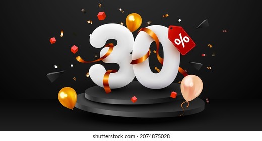 30 percent Off. Black Friday Sale composition with decorative objects, balloons, golden confetti, podium. Discount banner and poster. Vector illustration.