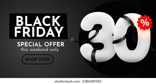 30 percent Off. Black Friday Sale composition with decorative objects, balloons, golden confetti, podium. Discount banner and poster. Vector illustration.