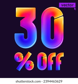 30% DE LA caricatura grabada vívidamente. Diseño realista de precios especiales 3D. Banner vectorial de la venta de vacaciones. Emblema gradiente para cupón de descuento, promoción de compra ahora, emblemas multicolores, anuncio futurista vibrante.