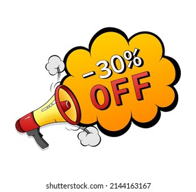 30 percent off. Comic illustration. Discount tag. Percent sign. Vector illustration on white background