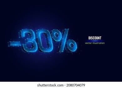 30 percent off digital wireframe made of connected dots. Holiday discount low poly vector illustration on blue background.