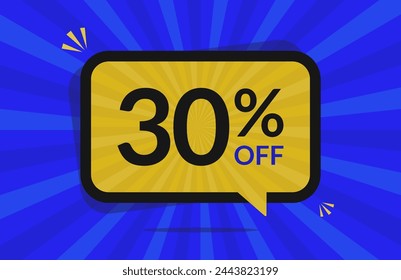 30 percent off. 30% discount. Blue and Yellow banner with floating balloon for promotions and offers.
