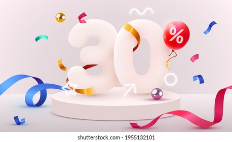 30 percent Off. Discount creative composition. 3d sale symbol with decorative objects, heart shaped balloons, golden confetti, podium and gift box. Sale banner and poster. Vector illustration.