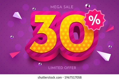 30 percent Off. Discount creative composition. 3d mega sale 30% symbol with decorative objects. Sale banner and poster. Vector illustration.