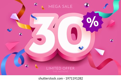 30 percent Off. Discount creative composition. 3d mega sale 30% symbol with decorative objects. Sale banner and poster. Vector illustration.