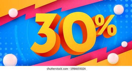 30 percent Off. Discount creative composition. 3d mega sale 30% symbol with decorative objects. Sale banner and poster. Vector illustration.