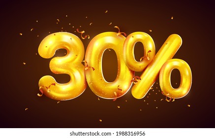 30 percent Off. Discount creative composition of golden balloons. 3d 30% mega sale or thirty percent bonus symbol with confetti. Sale banner and poster. Vector illustration.