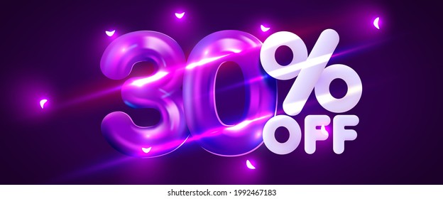30 percent Off. Discount creative composition. 3d mega sale 30% symbol with decorative objects. Sale banner and poster. Vector illustration.