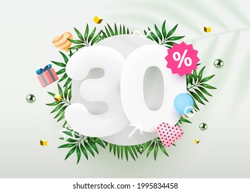 30 percent Off. Discount creative composition. Summer sale 30% banner with decorative objects, palm leaves and gift box. Sale banner and poster. Vector illustration.