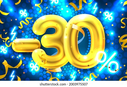 30 % Rabatt. Discount Creative Komposition. 3D-Mega-Verkaufssymbol mit dekorativen Gegenständen. Verkaufen Sie Banner und Poster. Vektorgrafik.