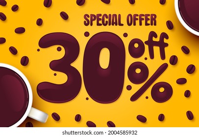 30 percent Off. Discount creative composition. Coffee special offer. Sale banner and poster. Vector illustration.