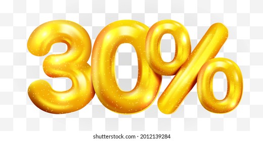 30 percent Off. Discount creative composition of golden balloons. 3d mega sale or thirty percent bonus symbol on transparent background. Sale banner and poster. Vector illustration.