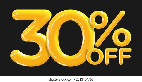 30 percent Off. Discount creative composition of golden or yellow balloons. 3d mega sale or thirty percent bonus symbol on black background. Sale banner and poster. Vector illustration.