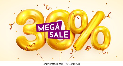 30 percent Off. Discount creative composition of golden balloons. 3d 90% mega sale or thirty percent bonus symbol with confetti. Sale banner and poster. Vector illustration.