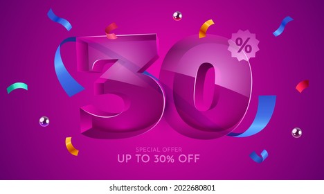 30 percent Off. Discount creative composition. 3d mega sale 30% symbol with decorative objects. Sale banner and poster. Vector illustration.