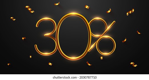 30 percent Off. Discount creative composition of golden balloons. 3d mega sale 30% or thirty percent bonus symbol with confetti. Sale banner and poster. Vector illustration.