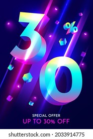 30 percent Off. Discount creative composition. Mega sale 30% neon banner. Vector illustration.