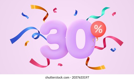 30 percent Off. Discount creative composition. 3d sale symbol with decorative confetti. Sale banner and poster. Vector illustration.