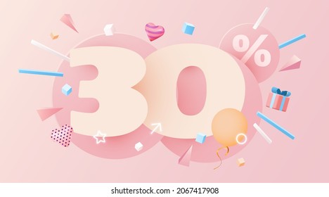 30% de descuento. Descubre la composición creativa. 3d símbolo de venta con objetos decorativos, globos con forma de corazón y caja de regalo. Cartel y afiche de venta. Ilustración vectorial.