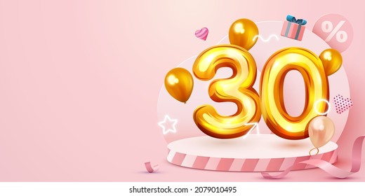 30 percent Off. Discount creative composition. Golden sale symbol with decorative objects, heart shaped balloons and gift box. Sale banner and poster. Vector illustration.