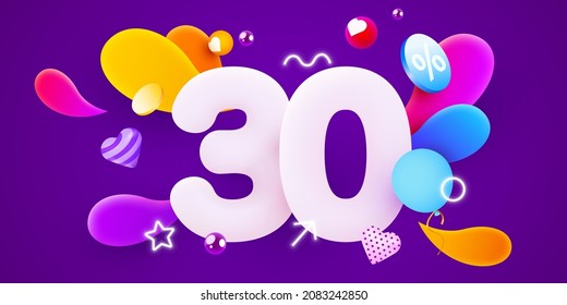 30% de descuento. Descubre la composición creativa. 3d símbolo de venta con objetos decorativos. Cartel y afiche de venta. Ilustración vectorial.