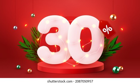 30 percent Off. Discount creative composition. 3d sale symbol with decorative objects. Sale banner and poster. Vector illustration.