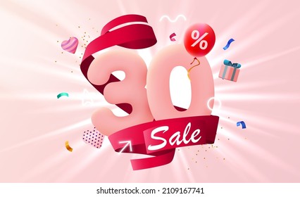 30 % Rabatt. Discount Creative Komposition. 3D-Verkaufssymbol mit dekorativen Gegenständen, herzförmigen Ballons und Geschenkbox. Verkaufen Sie Banner und Poster. Vektorgrafik.