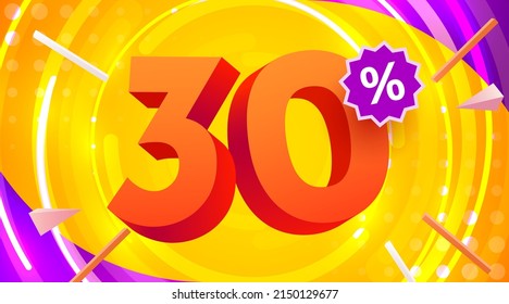 30 percent Off. Discount creative composition. 3d mega sale symbol with decorative objects. Sale banner and poster. Vector illustration.