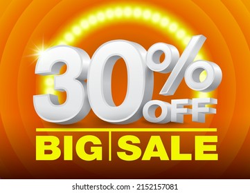 30 percent off discount creative elements. Numbers 30 white 3d promotion business sale special discount on orange background with spotlights.