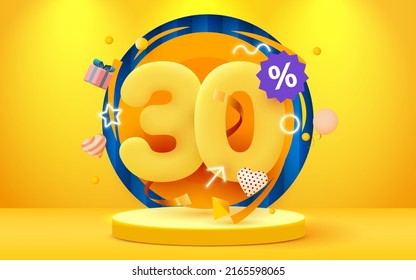 30 % Rabatt. Discount Creative Komposition. Verkaufssymbol mit dekorativen Objekten. Verkaufen Sie Banner und Poster. Vektorgrafik.