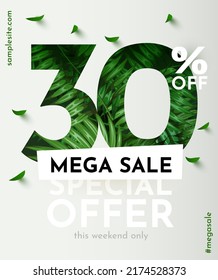 30 percent Off. Discount creative composition. Summer sale banner with decorative objects, palm leaves and gift box. Sale banner and poster. Vector illustration.