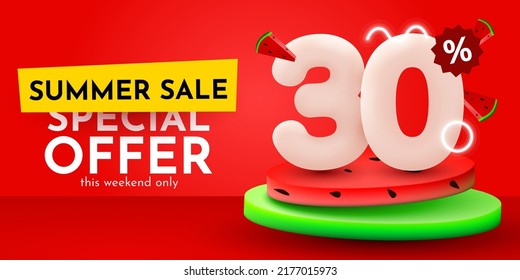 30 percent Off. Discount creative composition. Summer sale banner with watermelon. Sale banner and poster. Vector illustration.