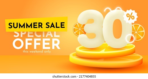 30 percent Off. Discount creative composition. Summer sale banner with orange. Sale banner and poster. Vector illustration.