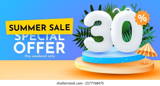 30% de descuento. Descubre la composición creativa. Cartel de venta de verano. Cartel y afiche de venta. Ilustración vectorial.