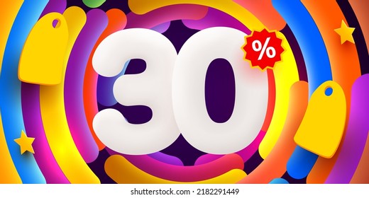 30 percent Off. Discount creative composition. 3d sale symbol with decorative objects. Sale banner and poster. Vector illustration.
