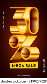 30% de descuento. Descubre la composición creativa. Mega venta o símbolo de bonificación del 30 por ciento. Ilustración vectorial.