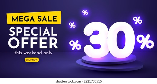 30 percent Off. Discount creative composition. 3d sale symbol with decorative objects. Sale banner and poster. Vector illustration.