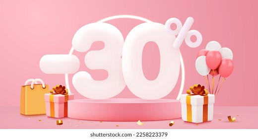 30 % Rabatt. Discount Creative Komposition. Verkaufssymbol mit dekorativen Gegenständen, Ballons und Geschenkbox. Verkaufen Sie Banner und Poster. Vektorgrafik.