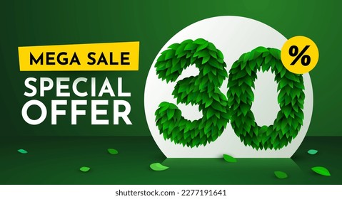 30 percent Off. Discount creative composition. Sale brochure with font made from leaves. Sale banner and poster. Vector illustration.