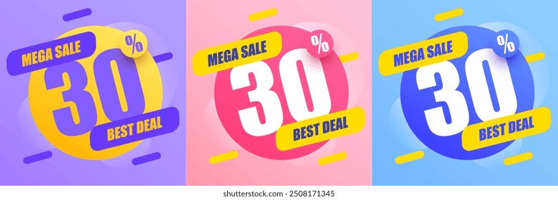 30 por ciento de descuento. Descuento en composición creativa. Mega Venta. Ilustración vectorial.